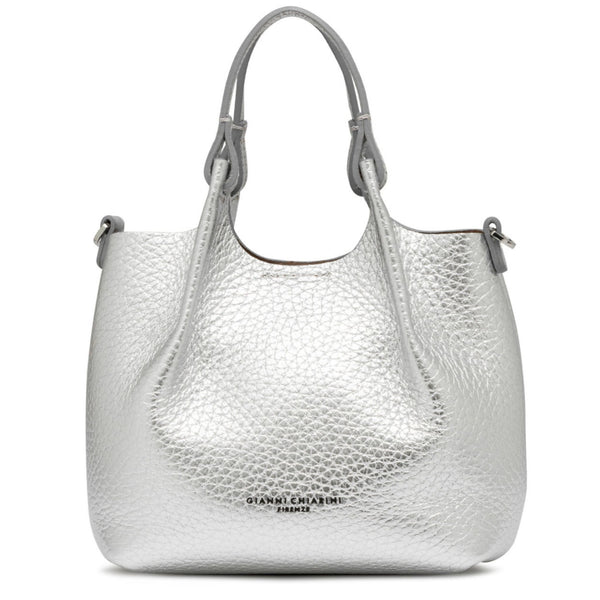 Silver mini hobo bag with textured leather, dual top handles, and small metal top studs