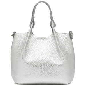 Silver textured mini hobo bag with two handles and gathered front shape