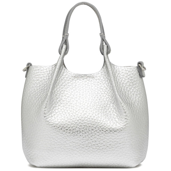 Silver textured mini hobo bag with two handles and gathered front shape