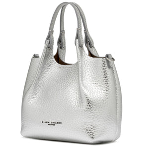 Silver mini hobo bag from side angle with textured finish and top handle loops