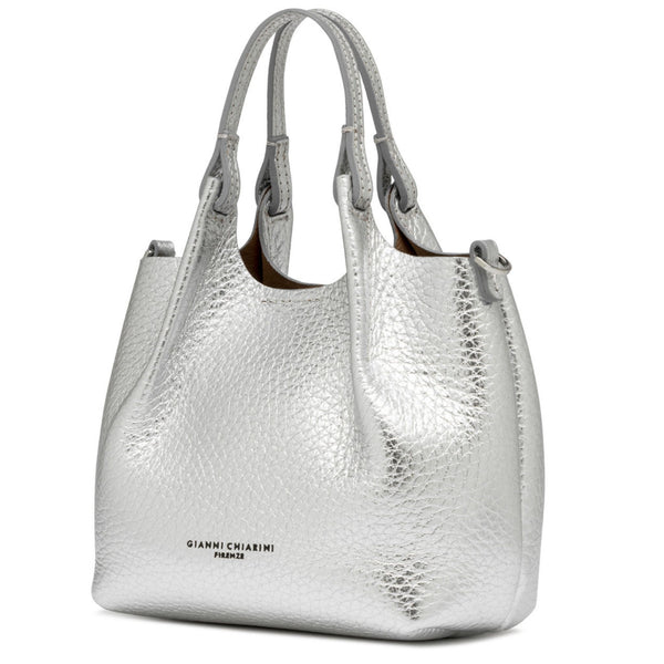 Silver mini hobo bag from side angle with textured finish and top handle loops