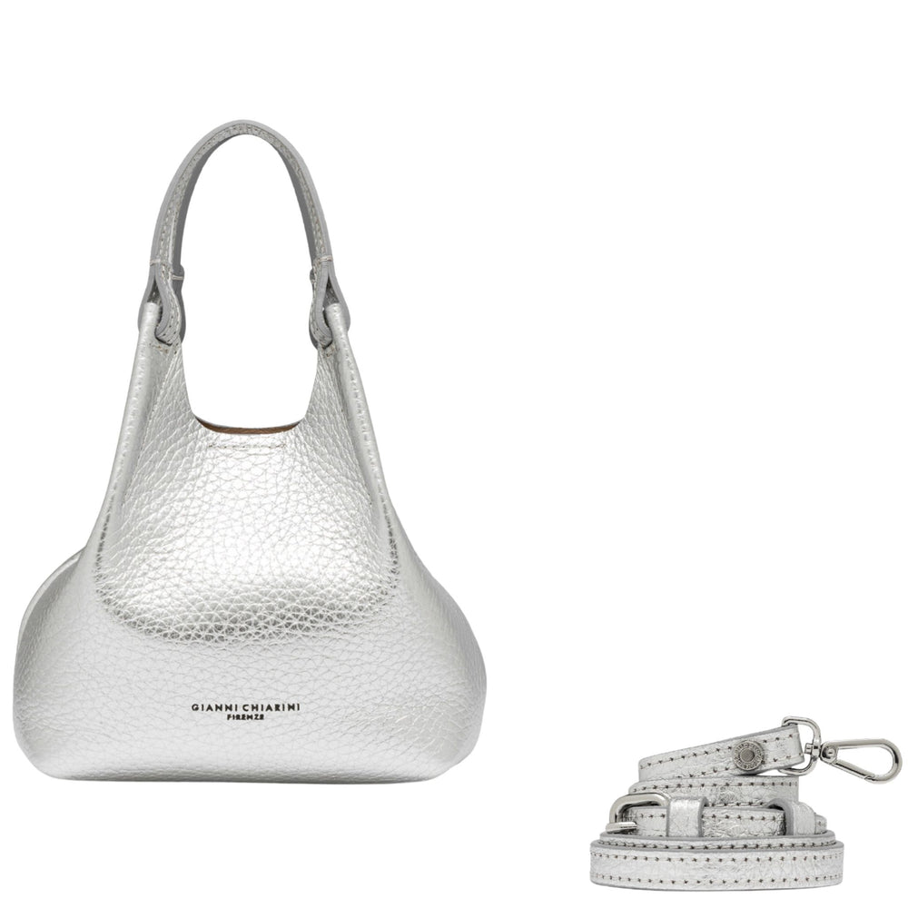 Silver mini hobo bag with detachable strap and metal clasp hardware