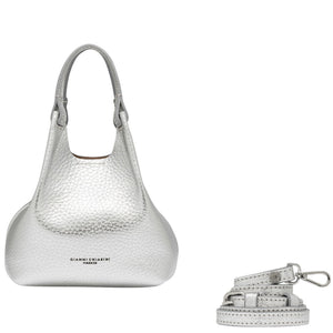Silver mini hobo bag with detachable strap and metal clasp hardware