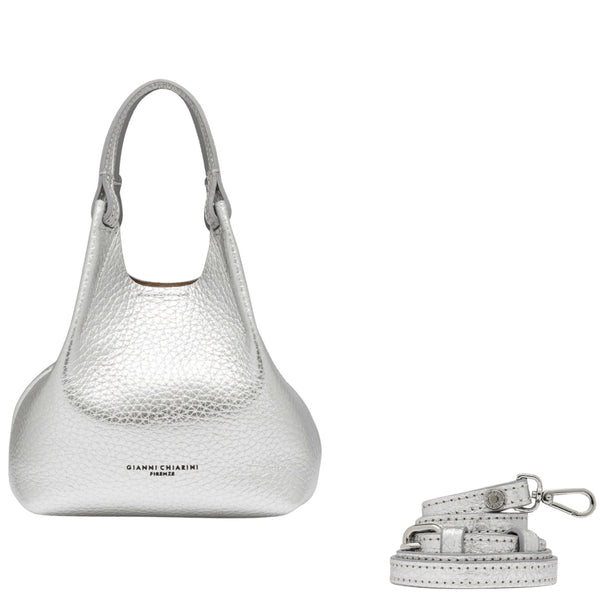 Silver mini hobo bag with detachable strap and metal clasp hardware