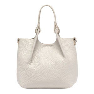 Off-white leather mini hobo bag with dual top handles and side hardware details