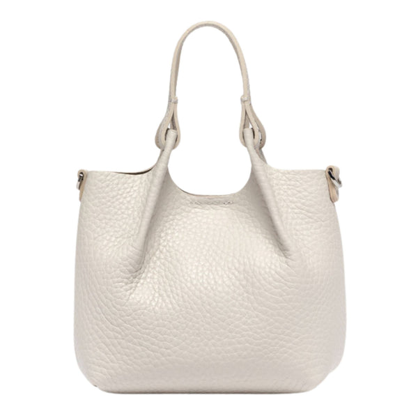 Off-white leather mini hobo bag with dual top handles and side hardware details