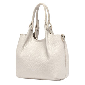 Off-white leather mini hobo bag with curved handles and structured hobo shape