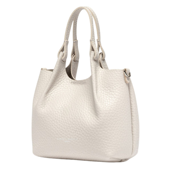 Off-white leather mini hobo bag with curved handles and structured hobo shape