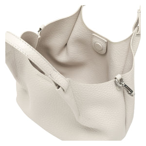 Off-white leather mini hobo bag interior view with zip pocket and side clasp