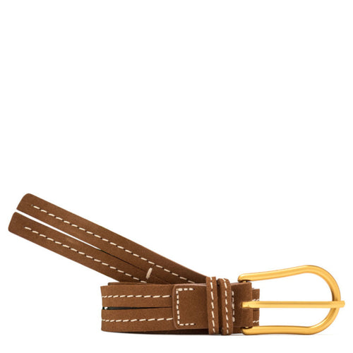 Brown leather belt end with gold buckle and square keeper, double row stitching