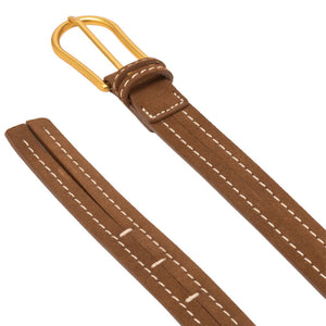 Brown leather belt with gold-tone buckle, topstitching, and stitched keeper