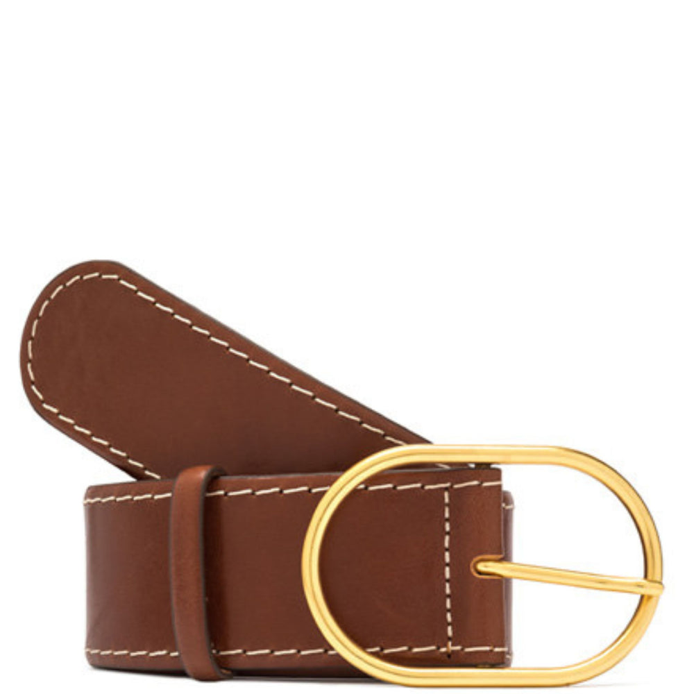 Brown leather belt with gold oval buckle and contrast white stitching