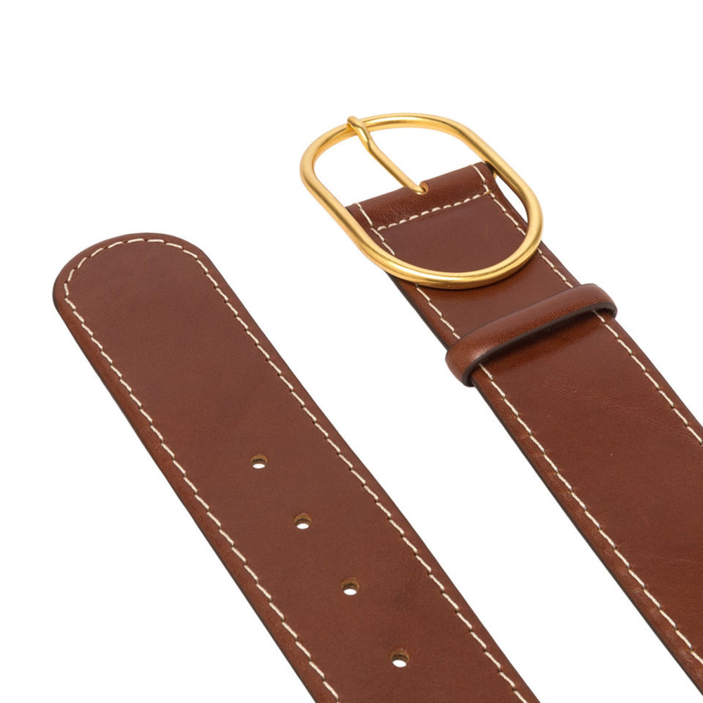 Brown leather belt with gold oval buckle and contrast white stitching