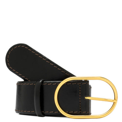 Black leather belt with gold-tone oval buckle and stitched strap end