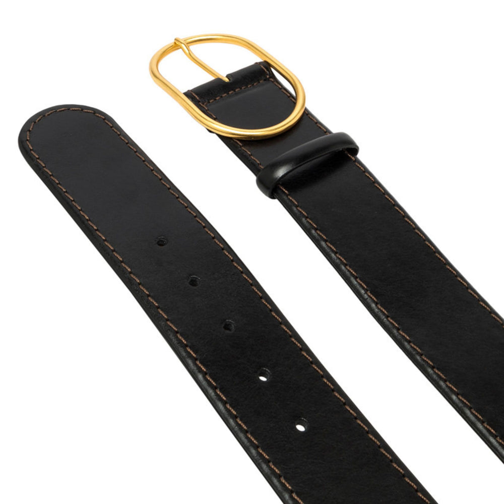 Black leather belt with gold-tone oval buckle and stitched strap end
