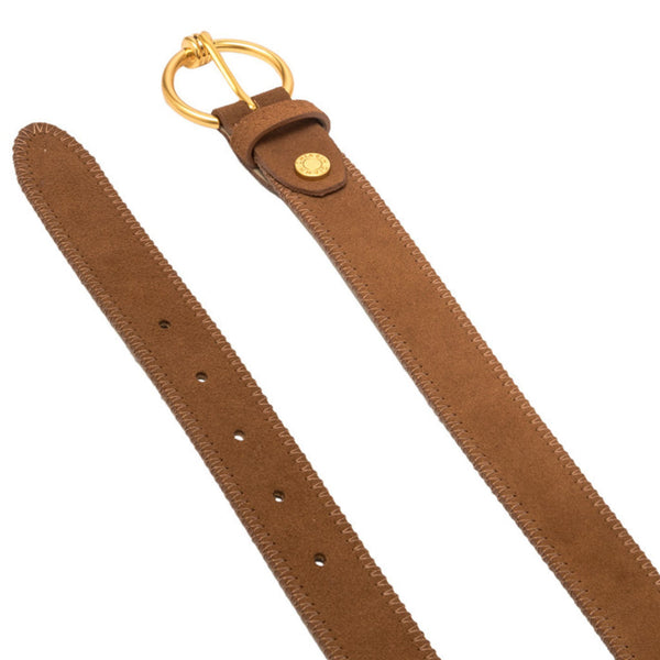Cognac leather belt with punched holes and brass buckle loop