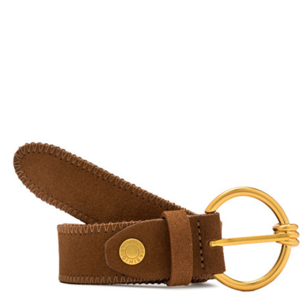 Cognac leather belt with round gold buckle and prong, stitched edge