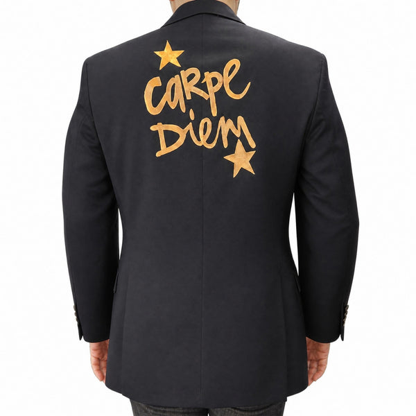 Navy blazer with Carpe Diem graphic and star accents on back