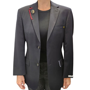 Dark navy blazer with front button closure, chest pocket, and yellow stitch detail