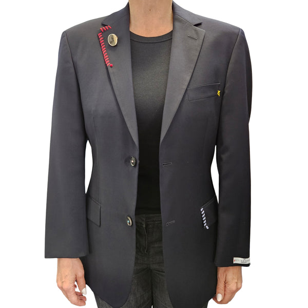 Dark navy blazer with front button closure, chest pocket, and yellow stitch detail