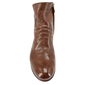 Cognac leather ankle boot, back view, low stacked block heel