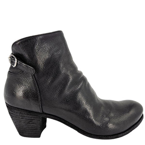 Black leather ankle boot with side buckle strap and stacked block heel