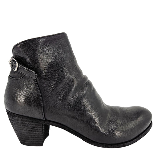 Black leather ankle boot with side buckle strap and stacked block heel