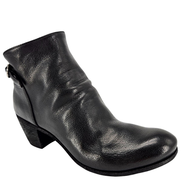 Black leather ankle boot with side buckle detail and mid-height block heel