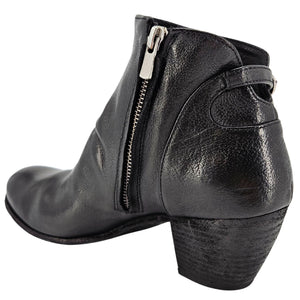 Black leather ankle boot with full-length zipper and stacked block heel