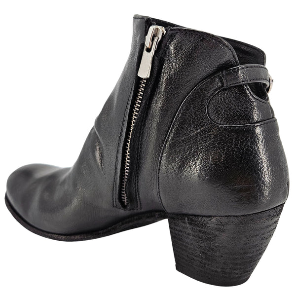 Black leather ankle boot with full-length zipper and stacked block heel