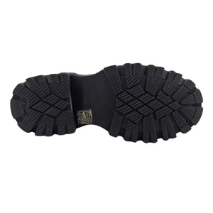 Black combat boot outsole with deep tread pattern and sidewall grip