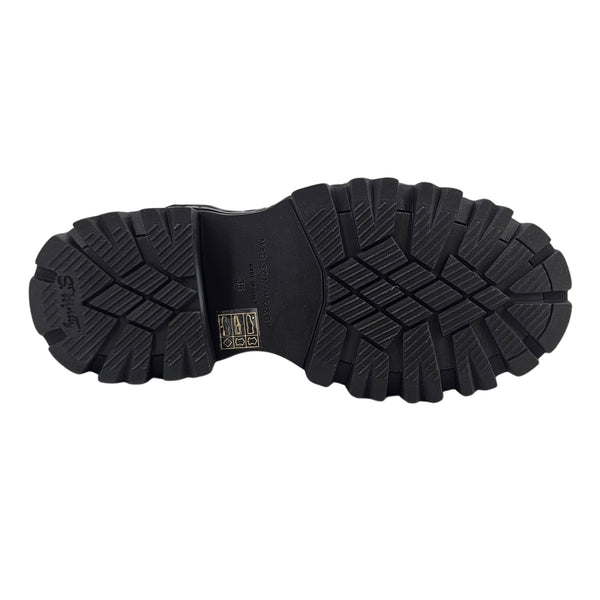 Black combat boot outsole with deep tread pattern and sidewall grip