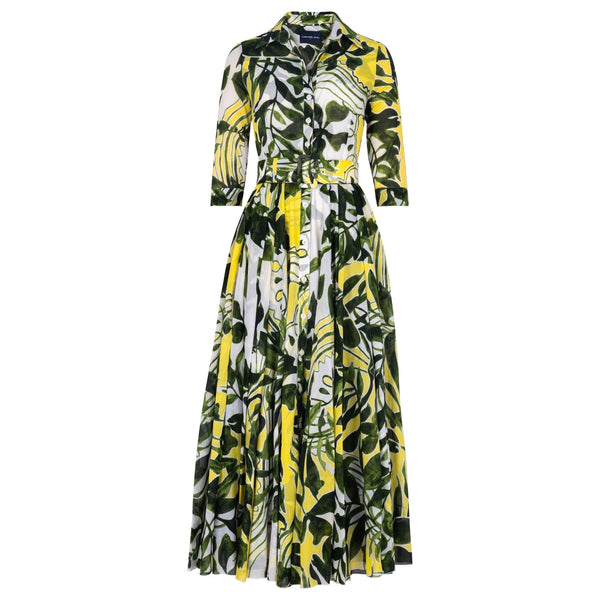 Women's long-sleeve maxi dress with white, yellow, and green leaf print, button front