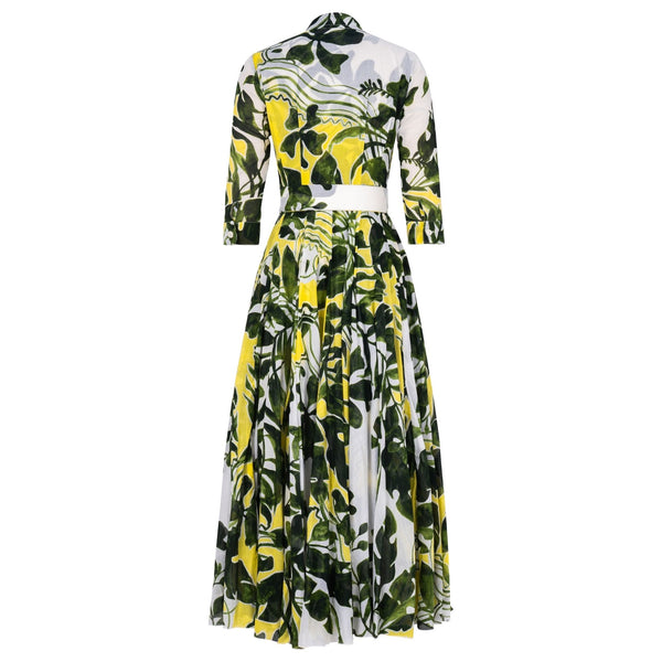 Women's long-sleeve maxi dress with leaf print, fitted waist and full gathered skirt