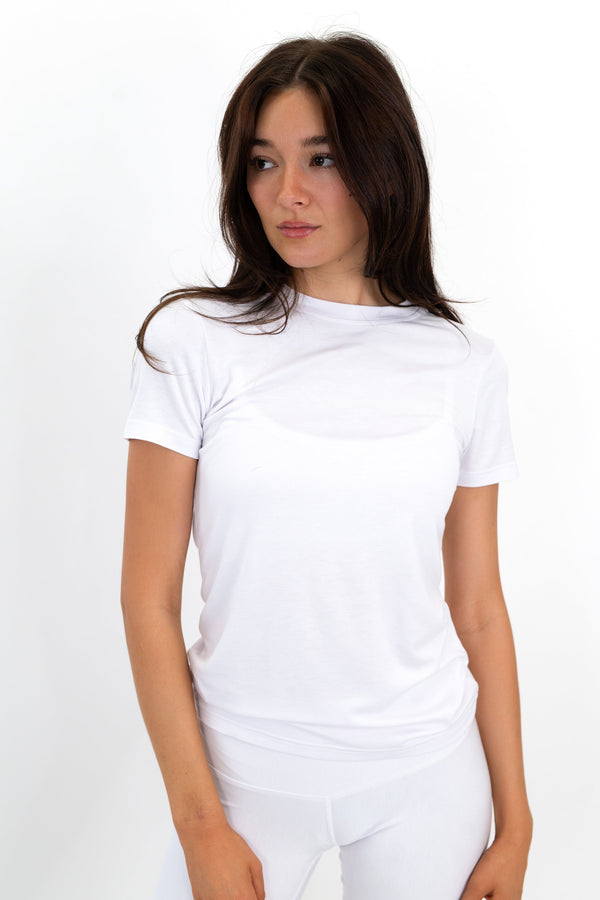 Women's white everyday crew-neck tee with short sleeves, front view