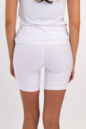 White 5-inch core shorts close-up with fitted legs and visible inner seam