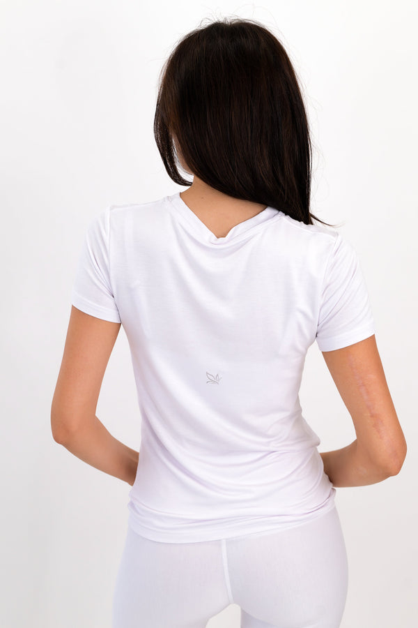 Women's white everyday crew-neck tee, back view
