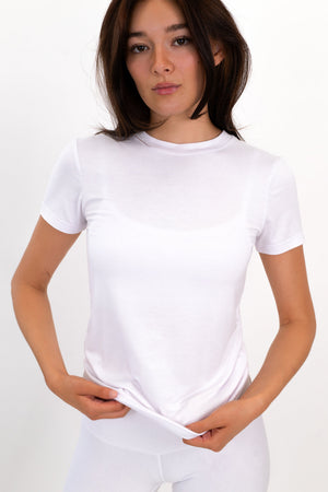 Women's white everyday crew-neck tee, close-up front
