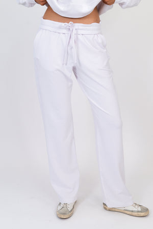 White wide-leg sweatpants with elastic waist and straight relaxed legs