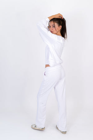 White wide-leg sweatpants with drawstring waist and ankle-length hem