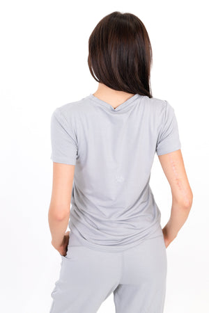 Gray short-sleeve T-shirt, back view with crew neck
