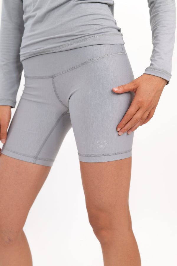 Light gray 5-inch core shorts, close-up of fitted thigh and waistband seam.