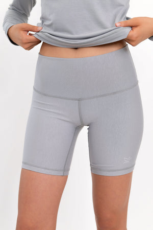 Gray 5-inch core shorts with textured waistband panel and logo on left thigh.