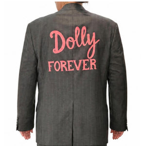 Charcoal pinstripe blazer with embroidered "Dolly Forever" on the back