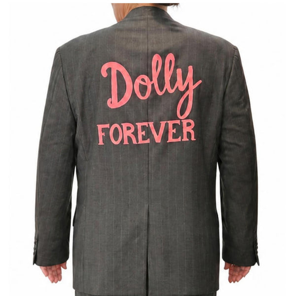 Charcoal pinstripe blazer with embroidered "Dolly Forever" on the back
