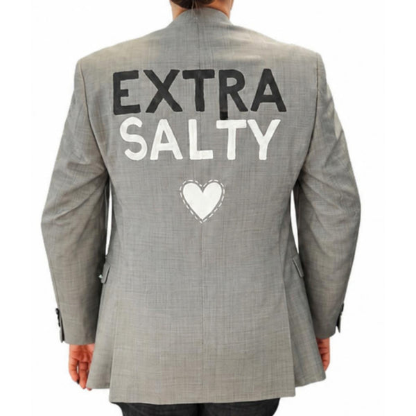 Grey blazer with back graphic text and heart, single-breasted button front