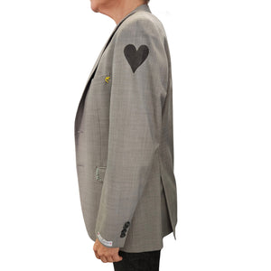 Grey blazer with heart patch detail on sleeve, single-breasted button front