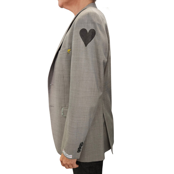 Grey blazer with heart patch detail on sleeve, single-breasted button front