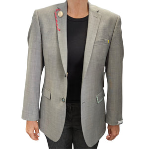 Grey single-breasted blazer with notch lapels and colorful pocket accents