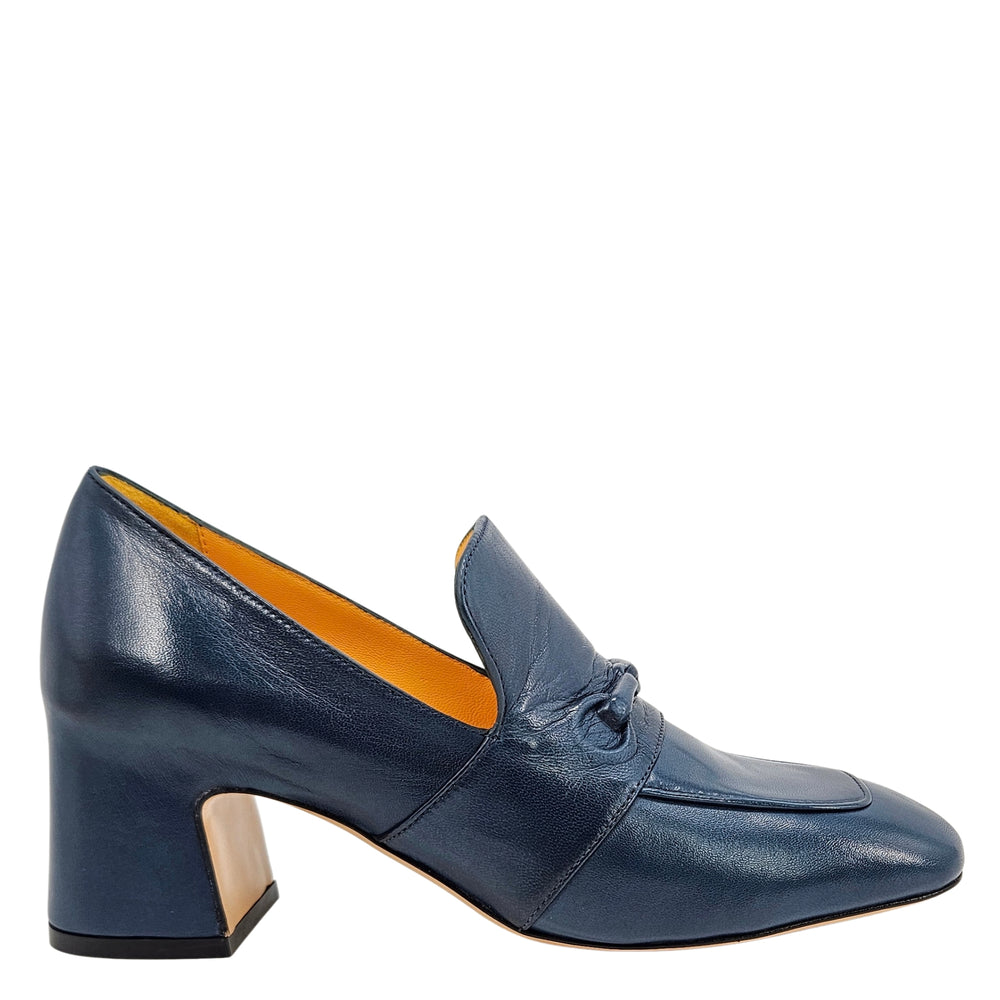 Blue leather loafer with hidden bit detail and mid block heel